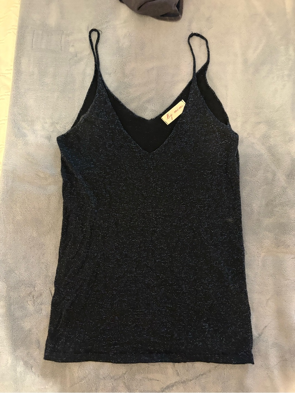 Sparkle V-Neck Cami Tank Top - Black with Blue Sparkle